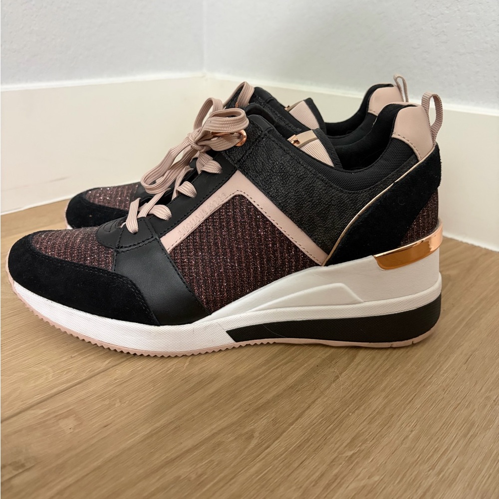 Michael Kors Black and Blush Metallic Platform Sneakers - Picture 4 of 6